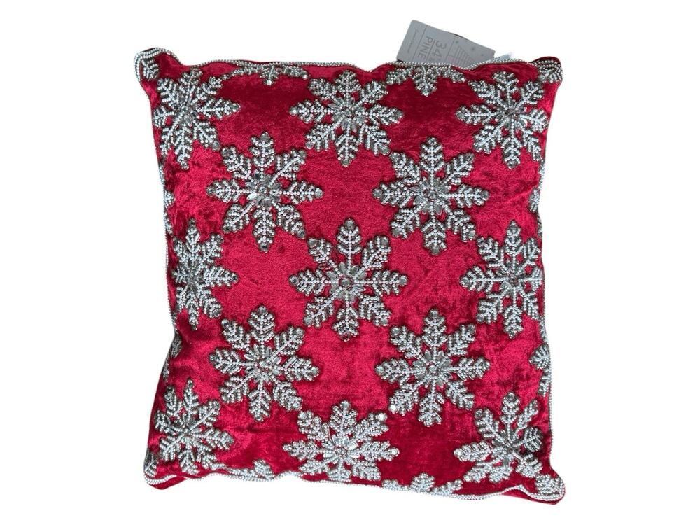 34th & Pine Red Velour Christmas Throw Pillow Crystal Beaded Snowflake 19” Zip